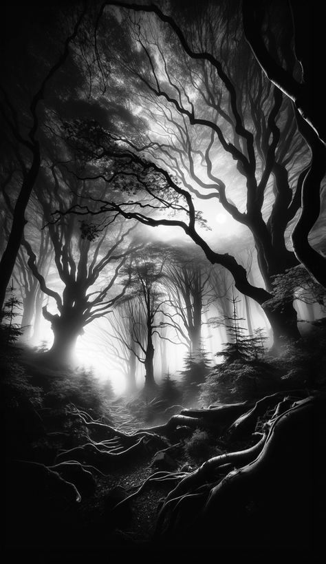 Gothic Screensaver Wallpapers, Dark Landscape Drawing, Creepy Forest Art, Creepy Woods Aesthetic, Creepy Forest Drawing, Dark Jungle Aesthetic, Creepy Tree Tattoo, Dark Concept Art, Occult Art Dark