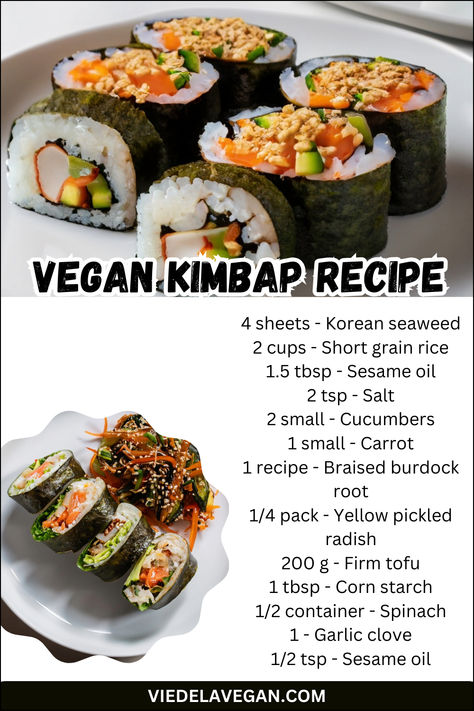 Vegan Kimbap Recipe Vegan Kimbap, Kimbap Recipe Korean, Kimbap Recipe, Vegan Korean Food, Recipe Korean, Crispy Kale, Hearty Food, Vegan Snack Recipes, Vegan Snack