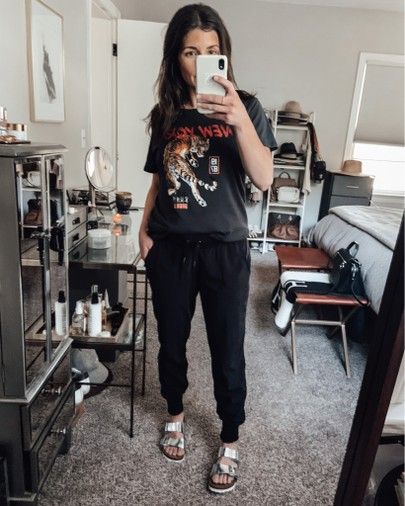 Love a good comfy graphic tee and joggers! My tee is only $35, wearing a small and linked some others. My joggers fit TTS. Follow me on the LIKEtoKNOW.it shopping app to get the product details for this look and others http://liketk.it/2OV6s @liketoknow.it    #liketkit #StayHomeWithLTK #LTKstyletip #LTKunder50 #joggers #graphictee #sandals #athleta #comfyoutfit #birkenstock Joggers And Graphic Tee Outfit, Jogger Pants Outfit, Fall Outfits 2023, Character Clothes, And So It Begins, Graphic Tee Outfits, Random Fashion, Sandals Outfit, Outfits 2023