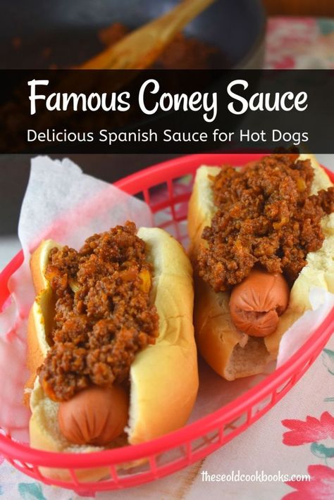 Spanish Hot Dog Sauce Recipe - These Old Cookbooks Coney Sauce For Hot Dogs Ground Beef, Hot Dog Sauce Recipe Homemade Simple, Chilli Dog Sauce, Spanish Sauce For Hot Dogs, A&w Hot Dog Sauce Recipe, Spanish Hot Dog Sauce, Crockpot Coney Dog Sauce, Sauces For Hot Dogs, Texas Hot Dog Sauce