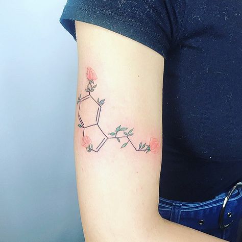 Nas on Instagram: “Serotonin ✨” Serotonin Tattoos For Women, Serotonin Molecule Tattoo, Tattoo With Roses, Serotonin Tattoo, Tattoos For Women Small Meaningful, Bee Tattoos, Rose Tattoo Ideas, Serotonin Molecule, Molecule Tattoo