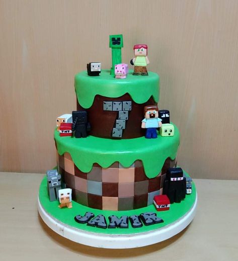 Minecraft Birthday Cake 2 Tier, Two Tier Minecraft Cake, 2 Tiered Cake, Cake 2 Tier, Minecraft Cakes, Minecraft Birthday Cake, Cake Brownie, Princess Cakes, Construction Cake