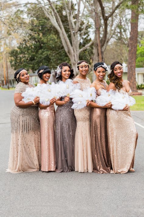 Bakari And Kandice Great Gatsby Wedding - Essence Roaring 20s Bridesmaid Dresses, 1920s Bridesmaid Dresses, Glam Bridesmaid, Gatsby Wedding Dress, Roaring 20s Wedding, Flapper Wedding, Hollywood Glam Wedding, 20s Wedding, Gatsby Wedding Theme