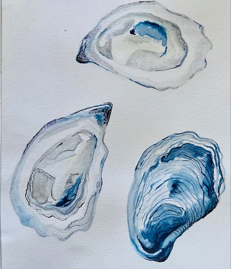 Random Watercolor Art, Oyster Shell Watercolor, Oyster Watercolor Paintings, New England Watercolor, Water Coloring Painting Ideas Simple, Watercolour Oyster, Oyster Shell Drawing, Oysters Watercolor, Oyster Drawing