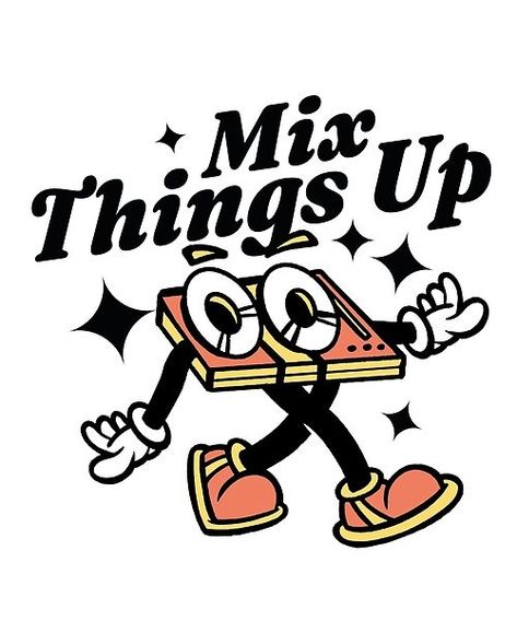 Bring the party to your space with our cartoon DJ turntable character and the quote 'Mix Things Up.' This playful and vibrant illustration is perfect for music lovers and fun decor Singing Character Design, Dj Cartoon, Dj Illustration, Dj Drawing, Quotes Artwork, Dj Quotes, Vintage Mascot, Dj Turntable, Vibrant Illustration