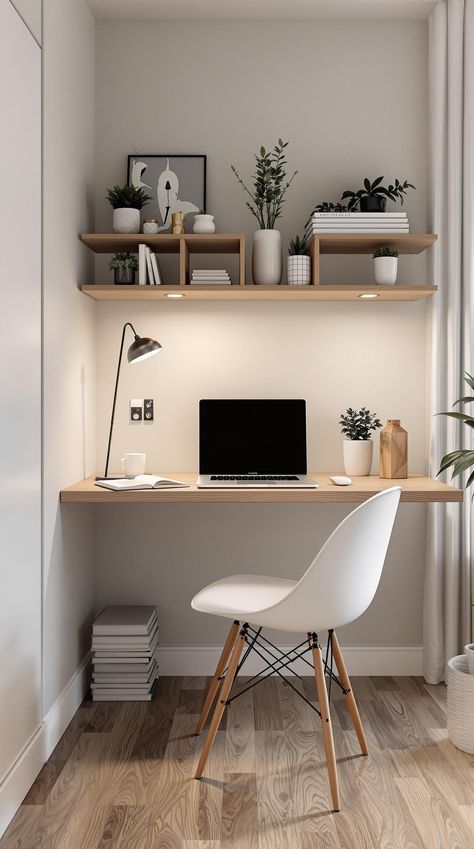 Tiny Office Space Ideas Small Home Desk Ideas, Long Narrow Office Space Ideas, Small Desk Setup Ideas, Tiny Office Space Ideas, Tiny Office Space, Floating Desk Ideas, Office Under Stairs, Office Space Ideas, Smart Storage Ideas