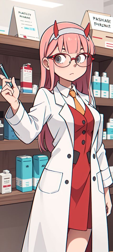 Zero two, darling in the franxx, lab coat, glasses, pharmacy, pharmacist, AI generated, Ali AJ Art Lab Coat Drawing, Chemistry Labs, Anime Base, Zero Two, Darling In The Franxx, Pharmacist, Art Stuff, Pharmacy, Cool Drawings