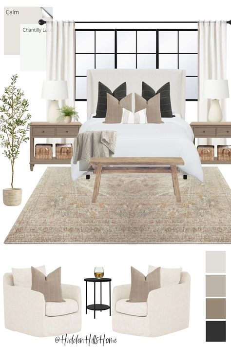 Mood Board Bedroom, Interior Design Minimalist, Transitional Bedroom, Classic Bedroom, Traditional Bedroom, Master Bedrooms Decor, Upholstered Bed, Upholstered Beds, Bedroom Sets