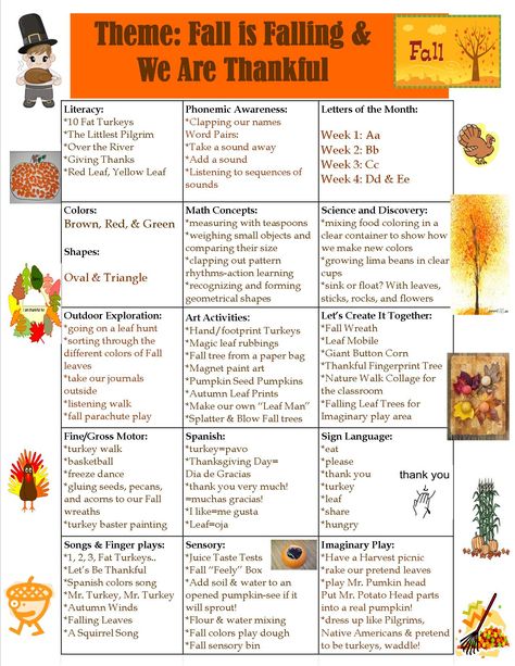 Preschool-Fall-and-Thanksgiving-Theme Fall Theme Ideas For Preschool, November Toddler Themes Lesson Plans, November Curriculum For Infants, November Theme Activities, Thanksgiving Lesson Plans For Kindergarten, November Themes For School Age, November Pre K Themes, November Curriculum Themes, Preschool November Themes Lesson Plans