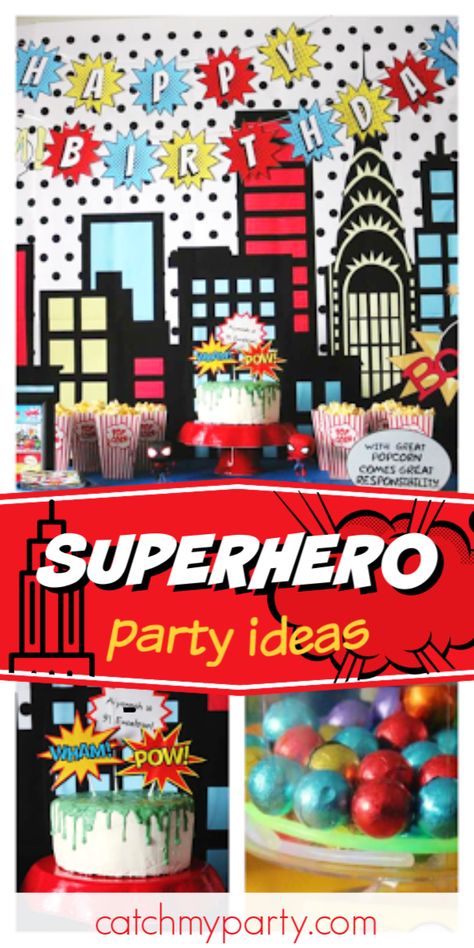 Check out this awesome superhero birthday party! The dessert table is fantastic! See more party ideas and share yours at CatchMyParty.com  #catchmyparty #partyideas #comics #superheroparty #boybirthdayparty Superhero First Birthday, Superhero Party Ideas, Superman Birthday Party, Superhero Party Decorations, Superman Birthday, Party Ideas For Kids, Avengers Birthday, Batman Birthday, Superhero Birthday Party