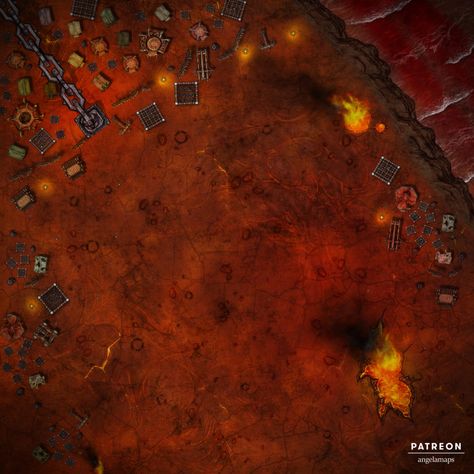 This map is a beast… 80 x 80 (8000 px x 8000 px) for your party to have an epic sized hell battle. Personally we are using this at the end of an Avernus campaign, but it could be used for any hellish battles. This version features a giant chain and a peak at the River Styx. In the first alternate version there is no chain and the river is replaced with lava. In the second alternate version the whole place is frozen and icy! Avernus Battlemap, Animated Battlemap, Dnd Inspiration, Animated Art, Dnd World Map, Dnd Campaign, Fantasy Town, Dnd Ideas, Tabletop Rpg Maps