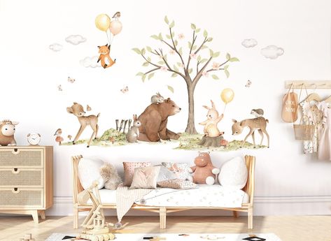 Forest Animals Wall Tattoo for Children's Room Bear Rabbit - Etsy Baby Room Wall Stickers, Woodland Wall Decals, Woodland Stickers, Mural Nursery, Boho Baby Room, Kindergarten Wallpaper, Kids Room Wall Stickers, Classroom Wall Decor, Woodland Wall