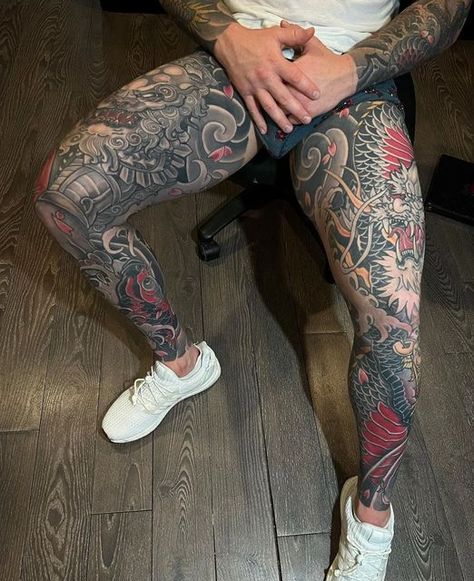 Men's Leg Tattoos Sleeve, Best Leg Sleeve Tattoos Men, Irezumi Sleeve Design, Japanese Sleeve Tattoos Traditional, Japanese Leg Tattoo Sleeve, Leg Sleeves Japanese, Tattoo Full Leg Man, Japanese Tattoos Back, Men’s Japanese Tattoo