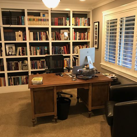 Office SET UP (desk near window, facing door, and bookcases and supplies BEHIND the desk Desk Facing Door Home Office, Office Desk Facing Door, Home Office Desk Facing Door, Desk Facing Into Room, Desk Looking Out Window, Desk Facing Door, Desk Next To Window, Desk Facing Window, Offices Ideas