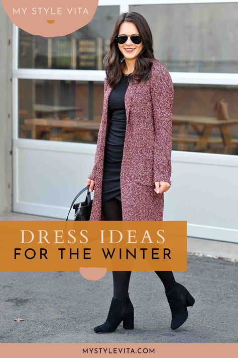 Mid Length Dress With Boots, How To Wear A Coat With A Dress, Dresses In Winter How To Wear, Long Dress In Winter, Winter Midi Dress Outfit, How To Wear A Dress In Winter, How To Wear Dresses In Winter, Midi Dress Boots, Dresses In The Winter