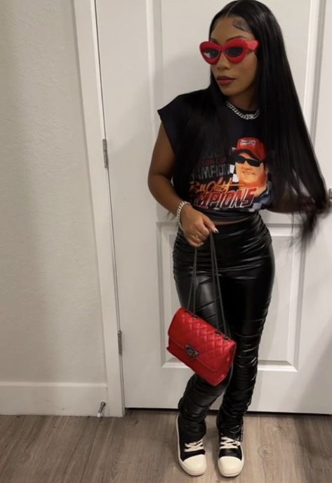 Going Out To Club Outfits, Christmas Fits Black Women, Black Leather Pants Outfit Ideas, Casual Cute Outfits Black Women, Christmas Outfit Ideas Black Women, Fire Fits Women, Red Outfit Ideas Black Women, Fire Outfits Black Women, House Party Outfit Black Women