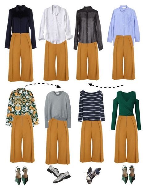 Havana Pants Outfit, Yellow Pant Outfits For Women, Mustard Color Combinations Outfit, Outfits With Mustard Pants, Mustard Outfits For Women, Mustard Yellow Pants Outfit, Culottes Outfit Work, Mustard Pants Outfit, Yellow Pants Outfit