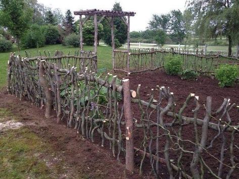 Raised Garden Bed Along Fence, Garden Bed Along Fence, Raised Garden Beds Ideas, Garden Beds Ideas, Easy Raised Garden Bed, Rustic Garden Fence, Natural Fence, Curly Willow, Wood Branch