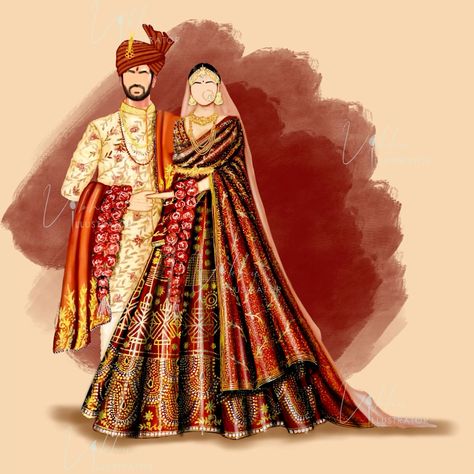 Couple illustrations Wedding Illustrations Indian, Bride Fashion Illustration, Couple Illustrations, Wedding Illustration Card, Couple Illustration Wedding, Bride And Groom Cartoon, Watercolor Indian, Digital Invitations Design, Marriage Card