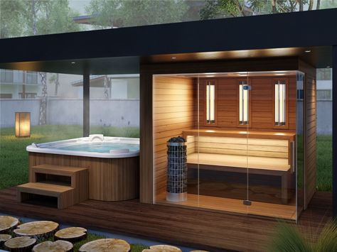 Garden Sauna & Jacuzzi Produced by Simon Wellness Garden Sauna, Backyard Spa, Hot Tub Patio, Outdoor Hot Tub, Hot Tub Gazebo, Sauna House, Hot Tubs Saunas, Hot Tub Backyard, Hot Tub Garden