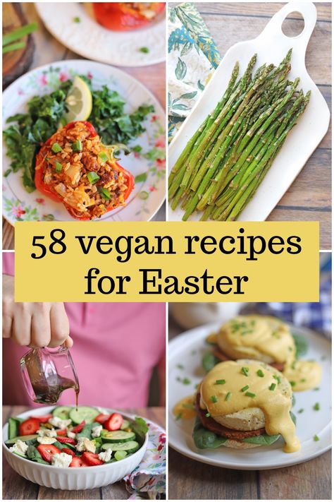 Plan your perfect holiday menu with these 58 vegan recipes for Easter. There's everything you need from morning brunch (with cocktails!) to a full sit-down dinner. Your friends and family are going to love it! #veganeaster #eastermenu #easterbrunch #easterdinner Vegan Easter Dinner, Vegetarian Easter, Recipes For Easter, Vegan Easter Recipes, Easter Side Dishes, Vegan Easter, Vegan Holiday Recipes, Healthy Easter, Morning Brunch