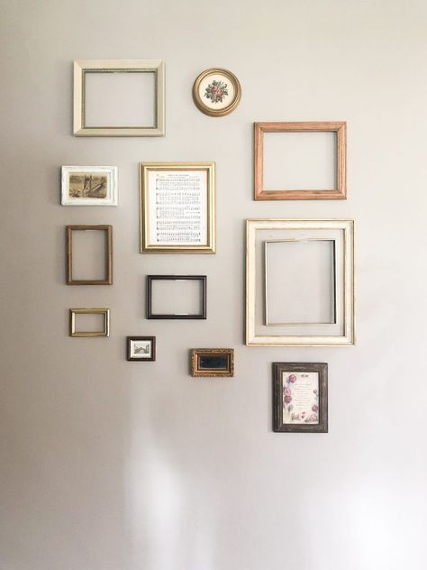 Variety Picture Frame Wall, Frame Composition Wall, Framed And Unframed Gallery Wall, Wooden Gallery Wall, Mixed Frame Photo Wall, Brass Picture Frames Gallery Wall, Farmhouse Wall Gallery Ideas, Small Gallery Wall With Mirror, Silver Frame Gallery Wall