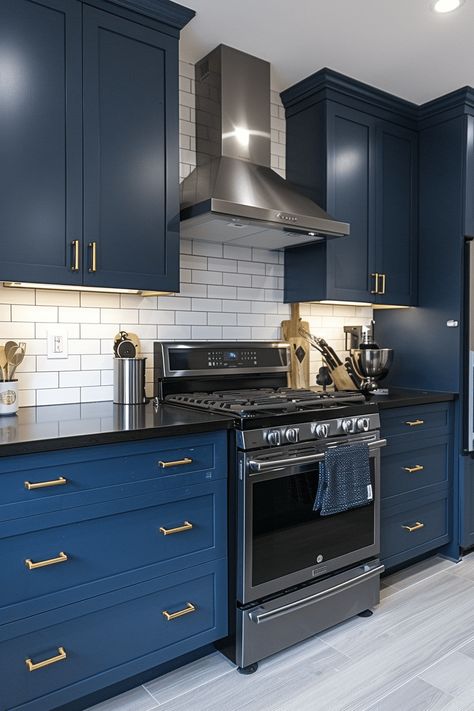 Discover 41+ Ways to Style a Dark Blue Kitchen for Modern Homes Navy Cabinets With Black Countertops, Blue Cabinet With Black Countertop, Black And Blue Cabinets, Black White Blue Interior Design, Blue Kitchen Cabinets With Black Countertops, Sapphire Kitchen Cabinets, Blue Kitchen Dark Countertops, Blue Kitchen With Dark Countertops, Black Countertops With Blue Cabinets