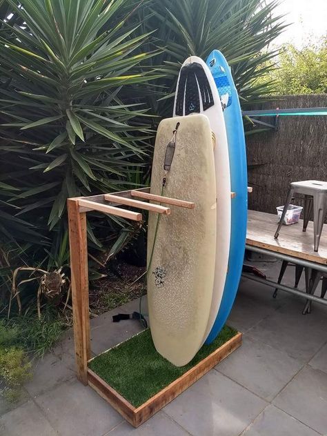 How To Store Surfboards, Surfboard Storage Ideas, Vertical Kayak Storage, Outdoor Surfboard Storage, Surfboard Holder, Paddle Board Rack, Small Space Surfboard Storage, Diy Surfboard Rack, Surfboard Rack Diy Stand Up