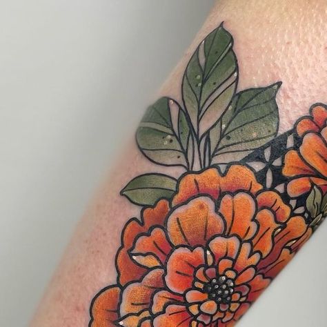 Rat Girl • Queer Tattoo Artist on Instagram: "Marigolds —🌼🌿🍊— Huge thanks to Leah for driving quite a ways & braving a snowstorm to get tattooed by me yesterday! Glad you got home safe and sound 🤗 I had a lot of fun tattooing some marigolds & patterns on ya! Can’t wait to add some more to your arm in the future!  . . . . . . . . . . #ohiotattooers #marigoldtattoo #marigoldflower #sacredgeometry #colorfultattoo #qttr #queerartist #33lionstattoo #ratgirltattoo" Marigold Color Tattoo, Marigold Tattoo Traditional, Marigold Flower Tattoo Black And White, Marigold Tattoo, Rat Girl, Tattoo Aesthetic, Safe And Sound, Marigold Flower, Snow Storm