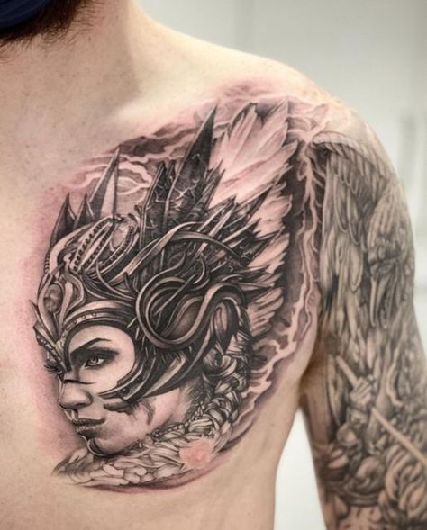 - C H R I S L I U - on Instagram: "Valkyrie chest piece for Jake! @jakebilson In Norse mythology, Valkyries are the judge that chooses who lives or dies in the battlefield, then takes the chosen dead to Valhalla... ☠️☠️ * * * * * * * #valkyrietattoo #norsetattoo #odintattoo #torontotattoo #tattoorealistic #realismtattoo #bishoprotary #blackandgreyrealism #realism #blackandgrey #tattoo #ink #tattooart #tattoodesign #tattooartist #inkspiretattoos #tattooinkspiration #inkspirations #igtattoog Valkyrie Chest Tattoo, Sheridan Animation, Valkyrie Tattoo, Norse Tattoo, Chest Piece, Realism Tattoo, The Judge, Half Sleeve Tattoo, Norse Mythology