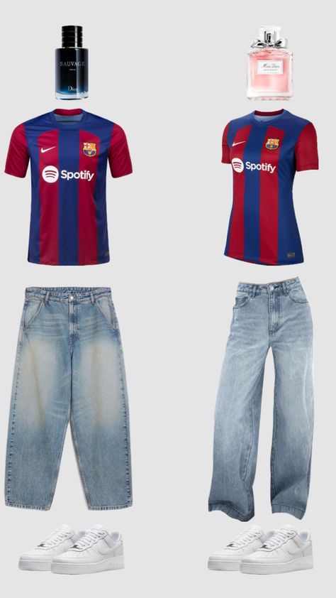 Barcelona Jersey Outfit, Barca Outfit, Vintage Barcelona, Barcelona Jersey, Street Style Outfits Casual, Football Jersey Outfit, Cute Dreads, Couple Matching Outfits, Barcelona Fc