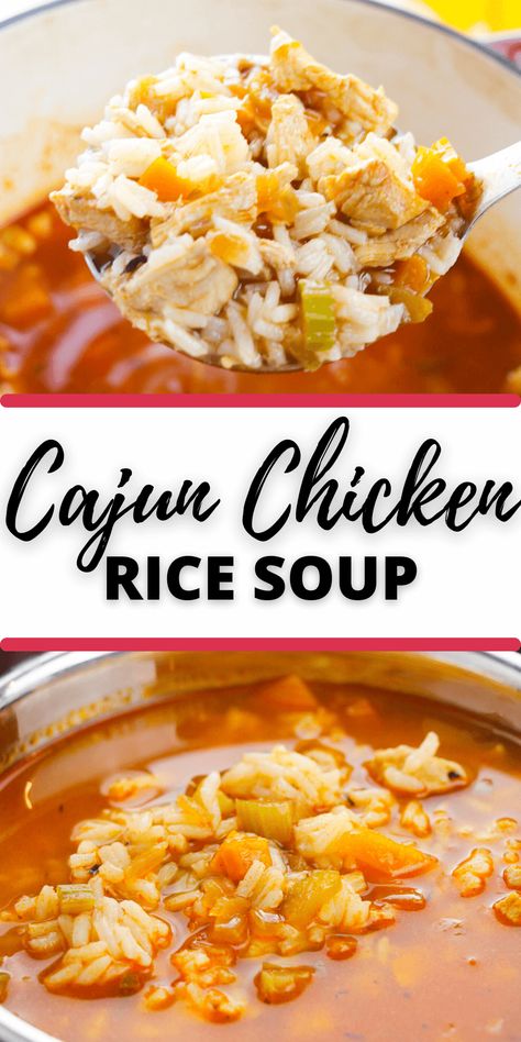 Cajun Chicken and Rice Soup is a delicious, slow-cooked chicken and rice dish that’s especially tasty with a sprinkling of Cajun spices. Spicy Chicken Rice Soup, Cajun Chicken Soup Recipes, Creole Chicken Soup, Cajun Chicken And Rice Soup, Soup With Chicken And Rice, Creamy Cajun Soup, Louisiana Soup Recipes, Cajun Soups And Stews, Cajun Ground Beef Recipes