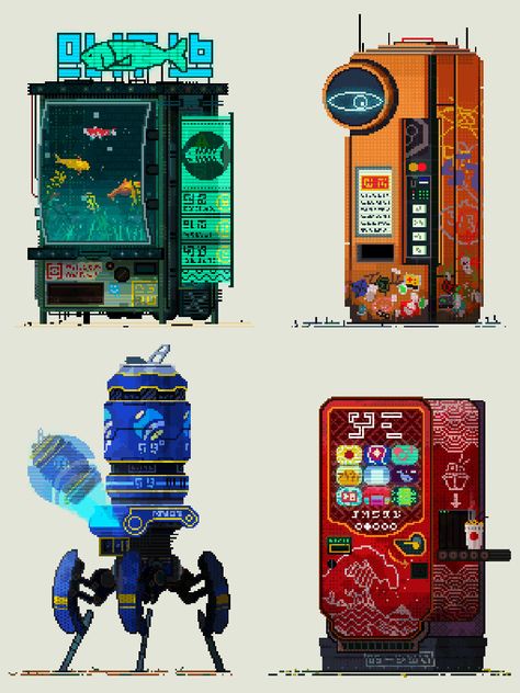 Vending Machine Pixel Art, Cyberpunk Aquarium, Chest Pixel Art, Pixel Art Sci Fi, Sci Fi Pixel Art, Pixel Art Illustration, Pixel Robot, Pixel Art Gif, Cyberpunk Robot