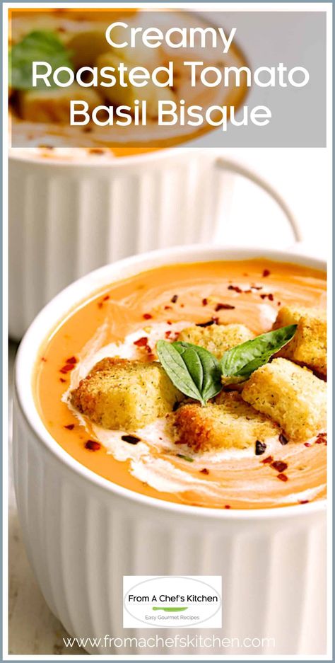 Tomato Basil Bisque, Tomato Bisque Soup, Bisque Soup Recipes, Grilled Cheese Croutons, Roasted Tomato Basil Soup, Creamy Tomato Basil Soup, Bisque Soup, Cheese Croutons, Resep Smoothie