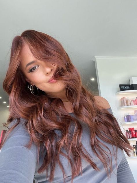 Cooper Hair Color On Olive Skin, Dark Copper Hair Color Burgundy, Hair Color 2023 For Tan Skin, Copper Cowgirl Hair Dark, Dark Honey Red Hair, Copper Hair Dark Eyes, Cowboy Copper Hair Brown Eyes, Alternative Hair Color Ideas For Brunettes, Cow Girl Copper Hair