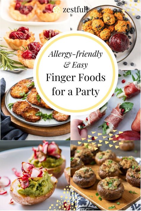 These allergy-friendly finger foods vary from veggies to recipes with a touch of fruits, and dips. Skip a big holiday meal and consider finger foods for an easy and fun way to celebrate Christmas or have party with your family or housemates this year. #allergyfriendly #appetizers #holidayfood #christmas Finger Foods For Ladies Night, Allergy Friendly Party Food, Allergy Free Appetizers, Allergy Friendly Appetizers, Gf Christmas Appetizers, Gf Finger Foods, No Dairy Appetizers For Party, Low Fodmap Appetizers Parties, Hearty Finger Foods For Party