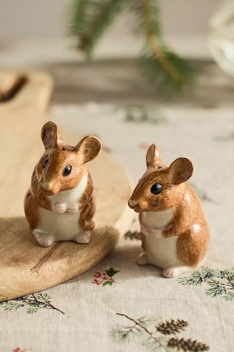 Quail Ceramics Woodland Friends Salt + Pepper Shakers | Anthropologie Nature Kitchen Decor, Funny Salt And Pepper Shakers, Cute Homeware, Woodland Fall Decor, Useful Ceramic Projects, Salt And Pepper Shaker Display, Fairytale Farmhouse, Hinge Heads, Aesthetic Trinkets