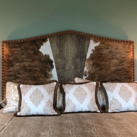 Cowhide Headboard, Western Style Bedroom, Mountain Modern Decor, Brown Headboard, Ski Lodge Decor, Western Bedroom Decor, Western Bedding, Western Bedroom, Barnwood Furniture