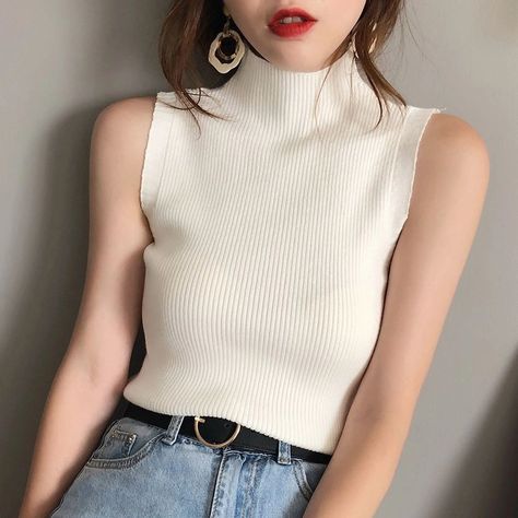 Gwendolyn Mock-Turtleneck Sleeveless Ribbed Knit Top | YesStyle Sleeveless Mock Neck Top Outfits, Turtle Neck Sleeveless Outfit, Turtleneck Sleeveless Outfit, Mock Neck Top Outfit, Sleeveless Turtleneck Outfit, Turtle Neck Sleeveless Top, Sleeveless Top Outfit, Turtleneck Outfits, Turtle Neck Sleeveless