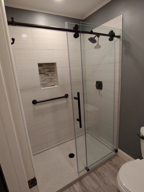 Frame Less Shower Door, Plastic Shower Base With Tile Walls, 5ft Shower Ideas, Shower Door Frosted, Guest Walk In Shower Ideas, 4 Ft Shower Ideas, Small Stand Up Shower Remodel Tile, Easy To Clean Shower Design Walk In, Footless Shower Ideas