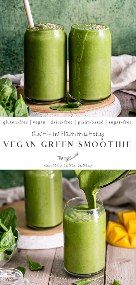 Anti-Inflammatory Vegan Green Smoothie - Healthy Little Vittles Green Smoothie Vegan, Raw Vegan Smoothie, Vegan Breakfast Smoothie, Plant Based Smoothies, Vegan Protein Smoothie, Vegan Smoothie Recipes, Vegan Breakfast Easy, Mango Avocado, Healthy Vegan Breakfast