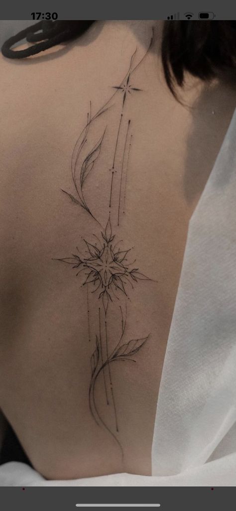 Magic Back Tattoo, Astral Spine Tattoo, Pretty Tatoos Woman, Fairy Wing Spine Tattoo, Moon And Stars Back Tattoo, Spine Tattoo With Meaning, Tatoos Back Woman, Ethereal Spine Tattoos, Spine Tattoos For Women Cybersigilism