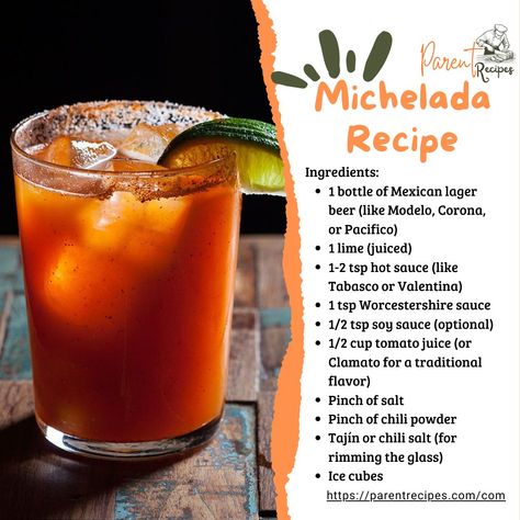 **Michelada Recipe** **Ingredients:** - 1 bottle of Mexican lager beer (like Modelo, Corona, or Pacifico) - 1 lime (juiced) - 1-2 tsp hot sauce (like Tabasco or Valentina) - 1 tsp Worcestershire sauce - 1/2 tsp soy sauce (optional) - 1/2 cup tomato juice (or Clamato for a traditional flavor) - Pinch of salt - Pinch of chili powder - Tajín or chili salt (for rimming the glass) - Ice cubes **Instructions:** 1. Rim a tall glass with lime juice and dip it into Tajín or chili salt. 2. Fill the g... Mexican Beer Drinks Michelada Recipe, Spicy Michelada Recipe, Homemade Michelada Mix Recipe, Michelada Recipe Mexican, Clamato Juice Recipe, Michelada Mix Recipe, Mexican Beer Drinks, Clamato Recipe, Michelada Mix