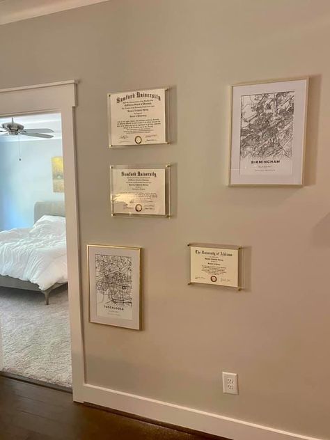 Certificate Wall, Diploma Wall Decor, Diploma Display Wall, Diploma Wall, Diploma Display, Diploma Frame, Blue Shutters, Home Design Living Room, Spare Room