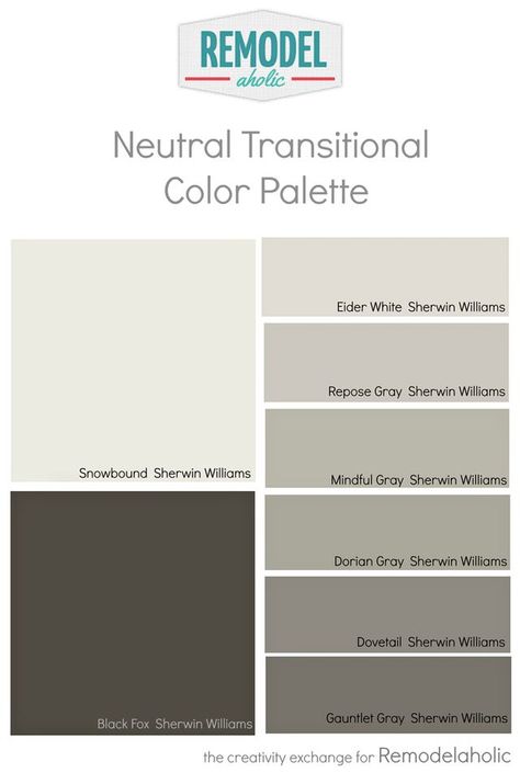 Whole House Paint Color Palette Using One Undertone | Remodelaholic | Bloglovin’ Black Fox Sherwin Williams, Gauntlet Gray Sherwin Williams, House Paint Color Palette, Transitional Color Palette, Sherwin Williams Snowbound, Gauntlet Gray, Interior Paint Colors Schemes, Mindful Gray, Repose Gray