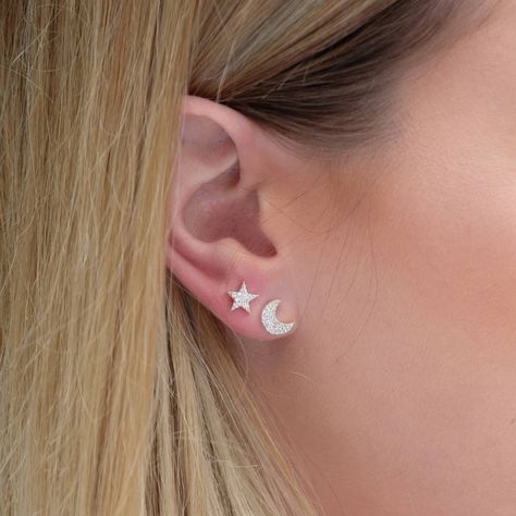 Star Crystal, Lisa Angel, Star Stud Earrings, Crystal Moon, Moon And Star Earrings, Hammered Hoop Earrings, Asymmetrical Earrings, Moon Studs, Moon Shape