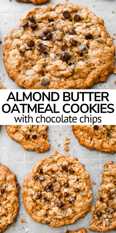 Chewy almond butter oatmeal cookies that are quick and easy to bake! Full of hearty oats, gooey chocolate chips, and salty almond butter, these will become your family's sweet snack or dessert! Gluten-free and dairy-free and baked in under 30 minutes! Oatmeal Almond Butter Cookies, Almond Butter Dessert Recipes, Daisy Food, Almond Butter Snacks, Healthy Oat Cookies, Almond Butter Oatmeal, Dessert Gluten Free, Easy Vegan Cookies, Oats Snacks