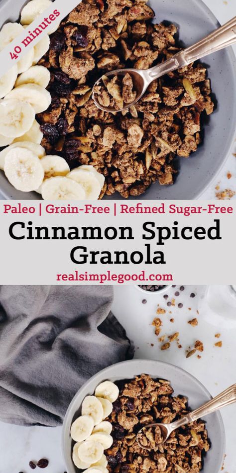 If you've never made your own granola, you must try! This Paleo cinnamon spiced granola is easy and so worth it! It's a grain-free version you'll love! Paleo, Grain-Free, Gluten-Free + Refined Sugar-Free. | realsimplegood.com Recipes For Diabetics, Paleo Granola, Paleo Recipes Breakfast, Gluten Free Granola, Grain Free Granola, Dinner Bowls, Grain Free Recipes, Paleo Dinner, Paleo Breakfast