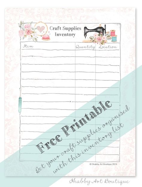 Freee Printable: Organize your craft supplies with this free printable inventory list from Shabby Art Boutique  #diy #doityourself #crafter #diyideas #craft #crafting #wallart #art #artsy #tutorial #artwork #freeprintable #printable #printables Craft Room Inventory Printables, Craft Supplies Inventory Free Printable, Craft Fair Inventory Printable Free, Free Printable Inventory Sheets, Craft Inventory, Craft Supplies Inventory, Evernote Organization, Inventory Printable, Inventory Template