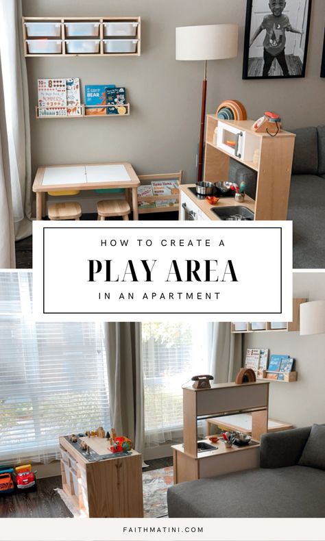 Playroom Area In Living Room, Playroom In The Living Room, Play Area In The Living Room, Play Area Decor, Bedroom With Play Area, Half Living Room Half Playroom, Small Play Room For Kids At Home, Small Play Corner Ideas, Play Area Organization